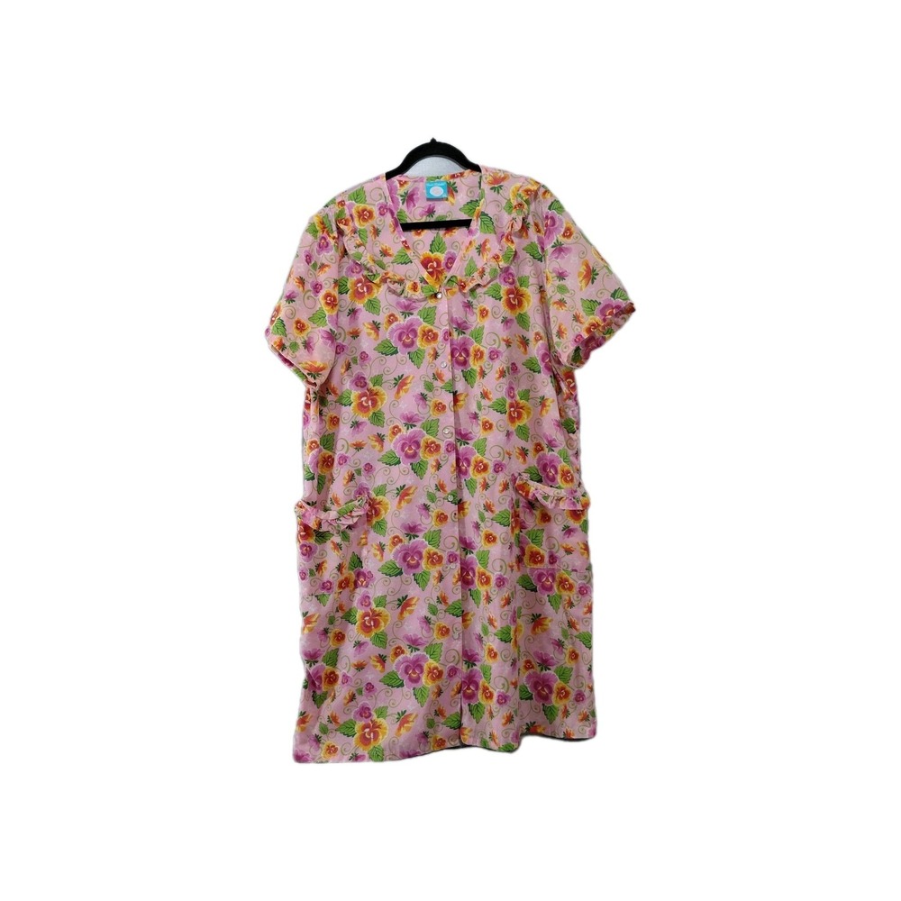 Vtg Carol's Collection Floral House Dress 1XL Snap Front Pink Polycotton